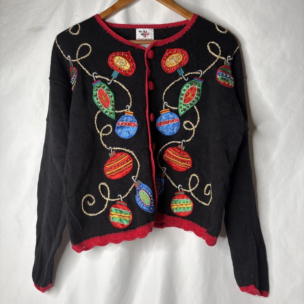 Nutcracker Women M Ugly Christmas Cardigan  Black Button Beaded Ornament Sweater